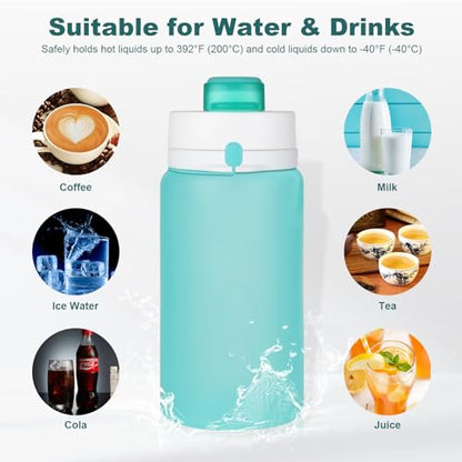 PLTCAT Collapsible Water Bottle, 19oz Foldable Bottle BPA Free Reusable Lightweight Leak-Proof Travel Silicone Water Bottle for Travel, Gym, Hiking, Office, Camping - color: Green and Blue