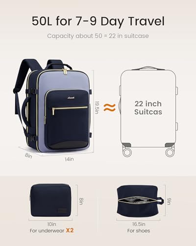 LOVEVOOK 50L Travel Backpack for Women & Men, Airline Approved Carry On Luggage with 3 Packing Cubes, TSA Overnight Bags, Waterproof Personal Item Bag, Weekender Essentials Backpacks fits 17" Laptop - color: Ink Blue-grey Blue-black, size: X-Large