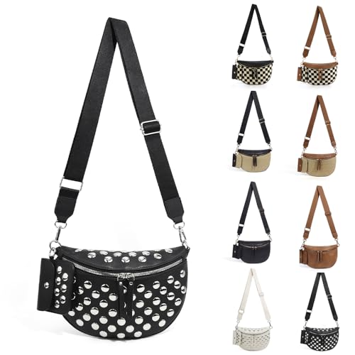 Checkered Crossbody Bag for Women Nylon Bum Bag Spacious Fanny Pack Adjustable Strap Lightweight Travel Everyday Purse Water Resistant Handbag (Rivet Black) - color: Rivet Black