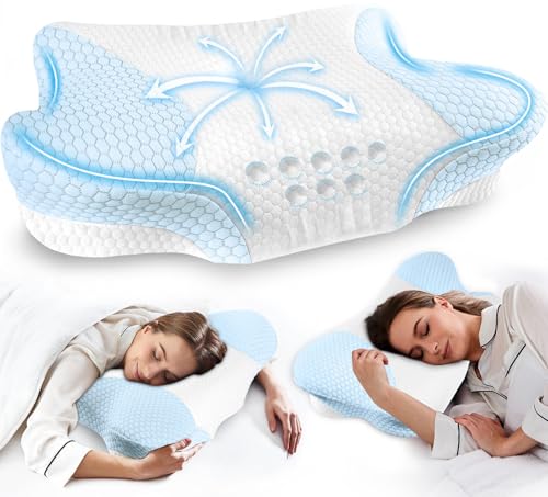 Cervical Neck Pillows with Memory Foam - Neck Pillows for Pain Relief Contour Memory Foam Pillows Ergonomic Neck Support - Adjustable Orthopedic Pillows with Breathable Pillowcase for Sleeping Blue - color: Blue, size: Standard