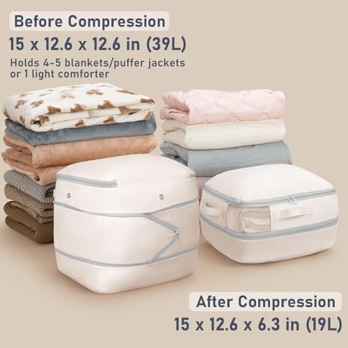 DIMJ Compression Storage Bags 8 Pack - Blanket Storage Bags with Window Zipper, Ultra Space Saving Self Compression Organizer for Puffer Jacket, Bedding, Lightweight Comforter Duvet, Sweater, Sheet - color: Beige, size: 39L x 8 Pack
