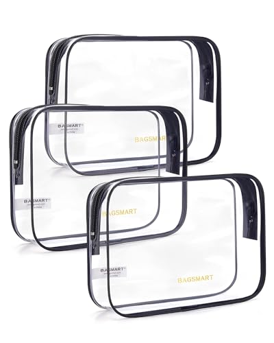 BAGSMART Clear Toiletry Bag, 3-Pack TSA Approved Travel Toiletry Bag Carry On Travel Accessories Bag Airport Airline Quart Size Bags water-resistant Makeup Bag for Women - color: Basic Black, size: 3 Pack, Medium