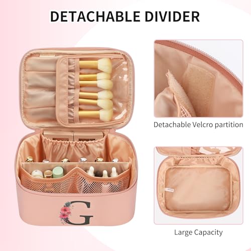 OCHEAL Initial Makeup Bag,Monogram Make up Bag Pink Travel Makeup Organizer Case Beauty Toiletry Cosmetic Bag with Brush Holder, Trendy Stuff Personalized Gifts for Women and Girls-G - color: Pink, style: G