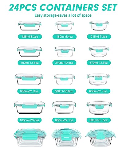 VERONES 12 Packs Glass Food Storage Containers Set, Airtight Glass Lunch Containers, Glass Meal Prep Containers with Lids,Exclusive of BPA, for Microwave, Oven, Freezer & Dishwasher Friendly,Green - color: Green