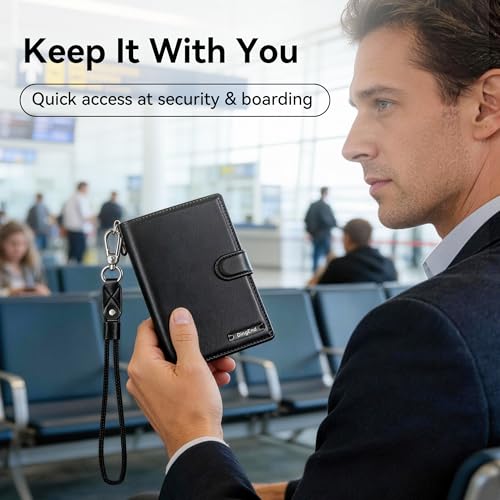 Passport Holder for Travel, RFID Blocking Card Wallet, Apple MFi Certified Smart Passport Cover Works with Find My, Rechargeable Travel Wallet with Lanyard, PU Leather, Black - color: Black, size: Find My-A