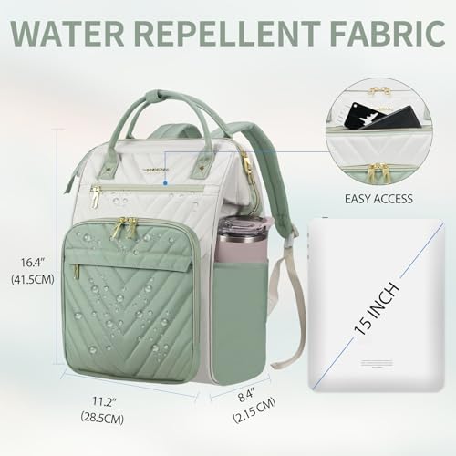 VANKEAN 15.6 Inch Laptop Backpack for Women Fashion Computer Work Bag, Large Capacity Waterproof Backpack, College Daypack Business Travel (Beige-Light Green, 15.6 Inch) - color: Beige-light Green, size: 15.6 Inch