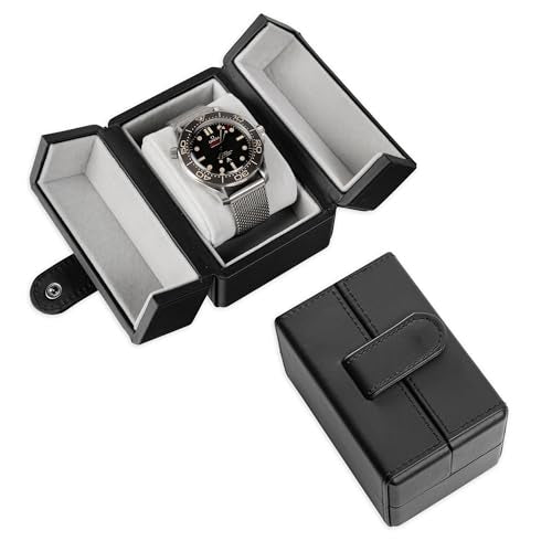 Single Travel Watch Case - Vintage Inspired - Exterior, Soft Microfiber Lining, Fits Up to 42mm Watches - Vegan Leather - Reliable Storage for Home or Travel - color: BlackGrey