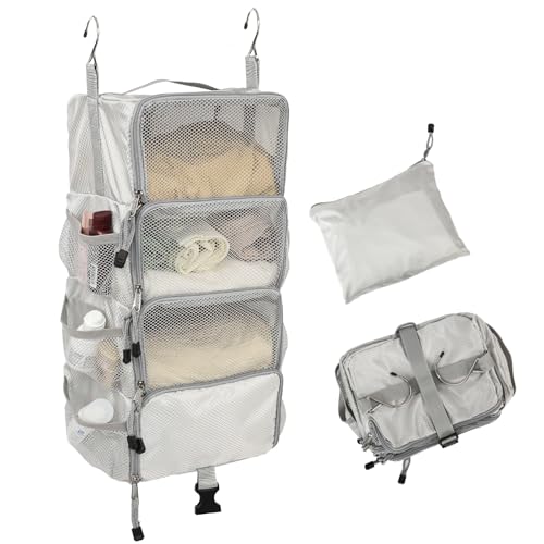 TABITORA Travel Luggage Organizer insert Hanging Packing Cubes for Suitcase Carry on Closet Hanging Shelves Folding(Grey,S) - color: Grey, size: Small