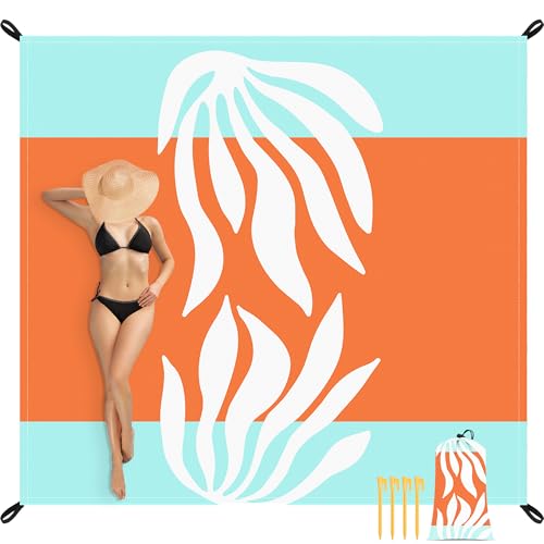Beach Blanket Waterproof Sandproof, 78”x 86” Outdoor Beach Mat for 1-4 Adults, Quick Drying Foldable Sandfree Picnic Blanket with Stakes & Pockets for Travel, Camping, Hiking, Festival - color: Coral Blue, size: 6.5x7.2 FT (1～4 person)