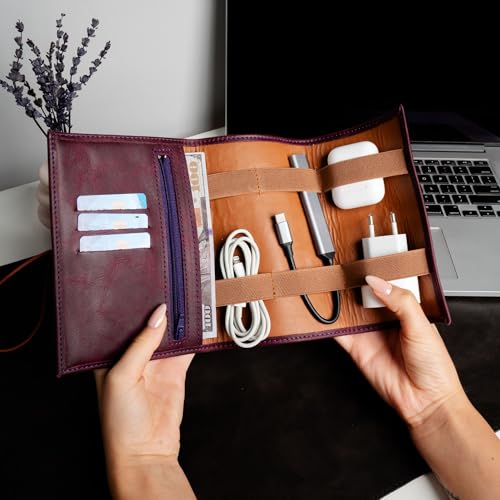 HARDISTON Custom Leather Tech Organizer Roll – Personalized Cord Pouch for Travel Tech Accessories, USB Cables, Charger, Passport, SD Cards – Handmade Gift for All