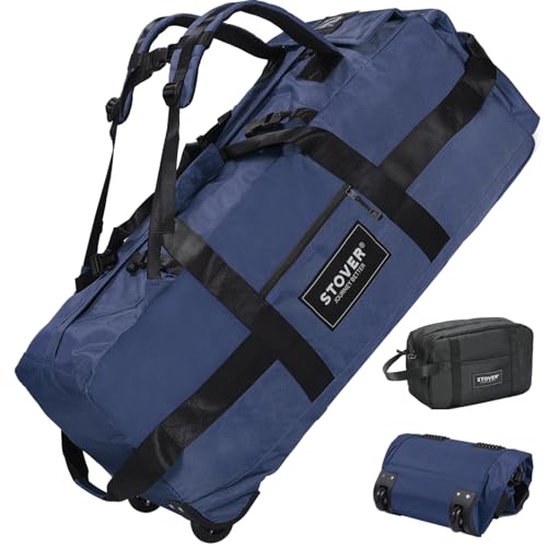 STOVER 45/80/100L Rolling Duffel Bag with Wheels, Large Durable Travel Duffle + Toiletry Bag, Heavy Duty, Packable, Foldable with Shoulder Straps- Use as Luggage or Backpack, Men/Women (Blue) - color: Blue