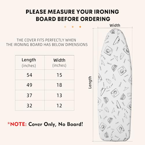Seiritex Ironing Board Cover and Pad Standard Size 15 x 54 inch, Heat Reflective with Hook and Loop Fasteners, Thick Padding with Elasticized Edges, 3 Layers Iron Board Cover (White) - color: White, size: 15x54