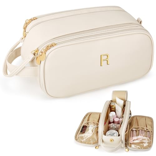 Travel Makeup Bag Birthday Gifts for Women Teen Girl, Personalized Initial Makeup Organizer Bag Large Opening Cosmetic Bags for Women Waterproof Storage Toiletry Bags, Beige,R - color: Beige, style: R