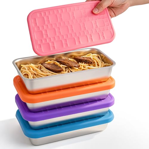 4 Pack 15 oz Stainless Steel Food Storage Containers with Silicone Lids, Leakproof Single Compartment Metal Containers, Reusable Lunch Boxes for Meal Prep, Leftovers, Travel, Camping, Fridge Storage - color: 1 Compartment – B