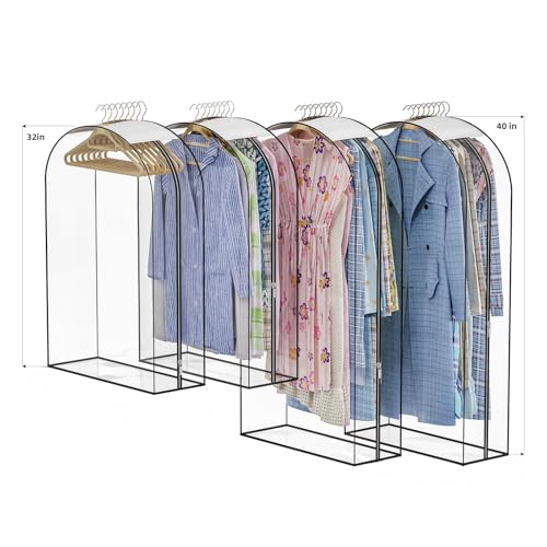 Upgraded Thickened Clear Garment Bags for Hanging Clothes 4 Packs, 10“ Gusseted Clothes Hanging Storage Bags for Closet, Shirts, Coats, Dresses (32 & 40 inch) - color: Full Clear, size: 32+40 inch