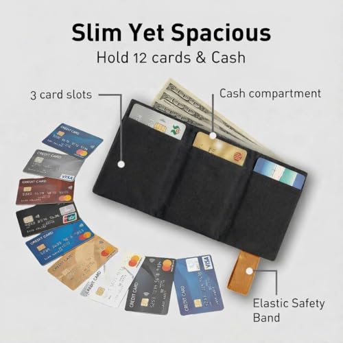 LIGHT FOLD Ultra Slim Tri-Fold Wallet with RFID Blocking, Lightweight Minimalist Men’s Wallet with Elastic Band, Waterproof Durable Nylon Fabric, Slim Front Pocket Card Holder Fits 12 Cards & Cash - color: Brown