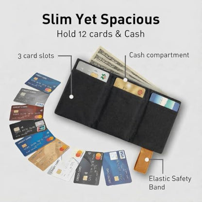 LIGHT FOLD Ultra Slim Tri-Fold Wallet with RFID Blocking, Lightweight Minimalist Men’s Wallet with Elastic Band, Waterproof Durable Nylon Fabric, Slim Front Pocket Card Holder Fits 12 Cards & Cash - color: Brown