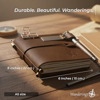 WANDERINGS A5 Travelers Notebook Bundle – 6" x 8.5" (15 x 22cm) – Genuine Leather Journal with Pen Holder, Pen, 2 Ink Refills, PVC Folder & Binder Clip - size: A5
