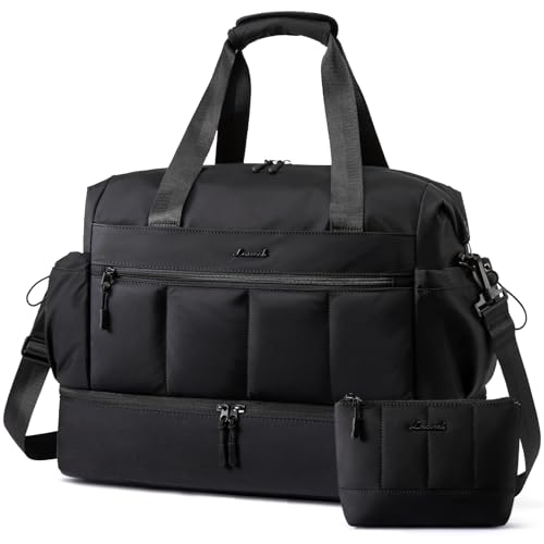 LOVEVOOK Weekender Bags for Women, Travel Duffel Bag, Large Overnight Bags with Shoe Compartment, 38L Carry on Gym Hospital Bag with Wet Pocket, 2 Pcs - color: Black, size: Large-2 Pcs