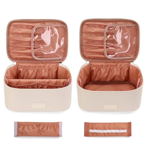 Montana West X Wrangler Travel Makeup Bag 2pcs Set Large Cosmetic Bag with Makeup Brush Holder Portable Make Up Organizer Cute Toiletry Bag with Divider and Handle for Women - color: Solid Beige