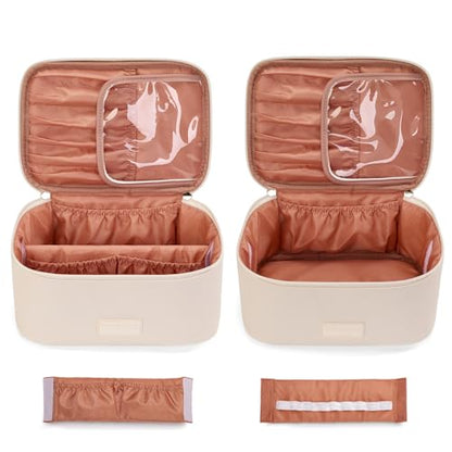 Montana West X Wrangler Travel Makeup Bag 2pcs Set Large Cosmetic Bag with Makeup Brush Holder Portable Make Up Organizer Cute Toiletry Bag with Divider and Handle for Women - color: Solid Beige