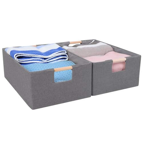 ANMINY 2PCS Large Closet Storage Baskets for Shelves, 16.5 x 12 Inch Collapsible Fabric Storage Bins with Wood Handles Cloth Shelves Organizer Bins Decorative Fabric Baskets - Large, Gray - color: Gray, size: Large (Pack of 2)