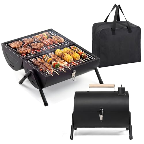 VINGLI Portable Double Sides Charcoal Grill, Wooden Handle,Storage Bag, Multi-functional Metal Compact Tabletop BBQ Outdoor Charcoal Grill for Camping Travel Picnic Patio - style: Double-Sides