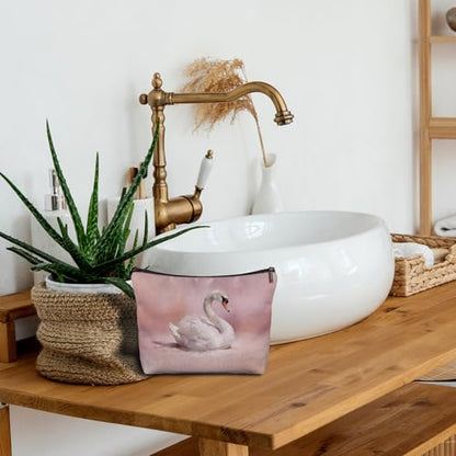 Pink White Swan Makeup Bag, Swan Animal Lovers Gifts Cosmetic Bags for Women, Pink Preppy Elegant Animal Makeup Zipper Pouch - color: Pink White Swan