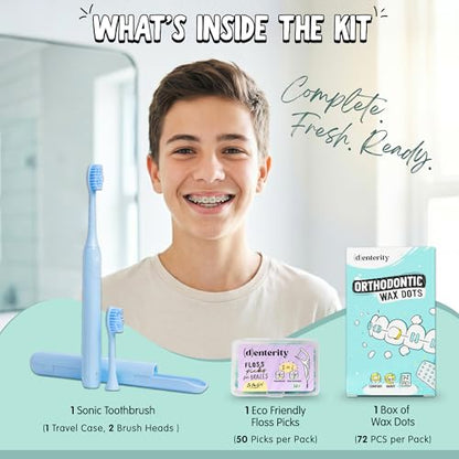Braces Care Essentials with Sonic Toothbrush, Orthodontic Wax and Floss Picks for Daily Braces Cleaning and Comfort for Kids, Teens and Adults