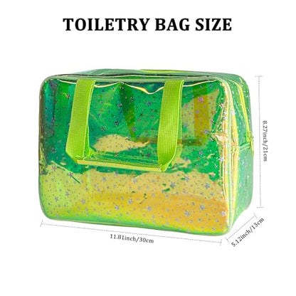Holographic green Clear Star Large Cosmetic Bag and TPU Travel Pouch with Handle,Durable Material,Zipper Design-Ideal for Makeup,Travel Essentials (Holographic green+stars) - color: Holographic green+stars