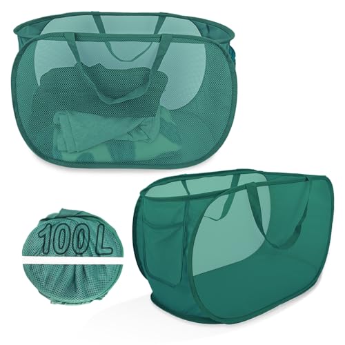100L Foldable Laundry Baskets 2 Pack, Extra Large Mesh Pop Up Laundry Hamper, Dirty Clothes Hamper with Handles, Pop-up Hampers for Laundry Travel. Dorm or Home Portable Clothes Baskets.Green 2H - color: Green, size: 2-Pack XL Horizontal