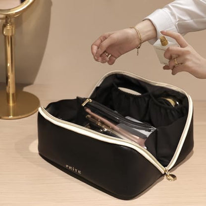 Prite Makeup Bag for Women Travel Waterproof Vegan Leather Cosmetic Bag Open Flat Toiletry Bag With Clear Divider and Handle (Black, Large) - color: Black, size: Large