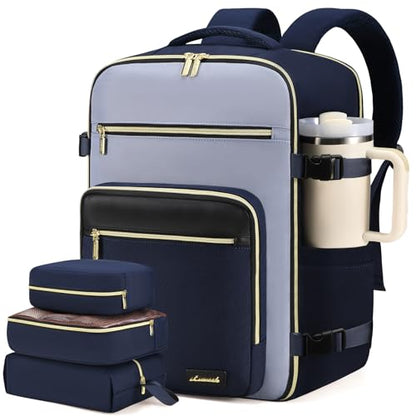 LOVEVOOK Travel Backpack For Women,40L Carry On Backpack Flight Approved,TSA Personal Item Travel Bag Fits 17 Inch Laptop,Business Weekender Overnight Daypack with Toiletry Bag and Cubes - color: Ink Blue and Light Blue and Black, size: 17.3 Inch-40L-4Pcs