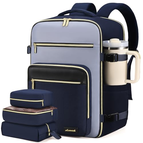LOVEVOOK Travel Backpack For Women,50L Carry On Backpack Flight Approved,TSA Personal Item Travel Bag Fits 18 Inch Laptop,Business Weekender Overnight Daypack with Toiletry Bag and Cubes - color: Ink Blue and Light Blue and Black, size: 18 Inch-50L-4Pcs