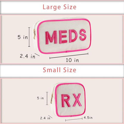 RSRSLEII 2Pcs Small Canvas Rx MEDS Medicine Packages, Cute Chenille Letter Patch Drug Makeup Bag with Metal Zipper, Mini Travel First Aid Purse Organizer Machine Washable (06 2pcs Hot Pink) - color: 06 2pcs Hot Pink