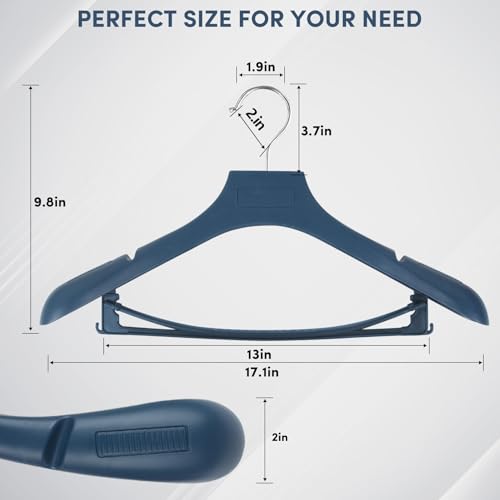 Suit Hangers for Men 50 Pack, Blue Coat Hangers Extra Wide Non Slip Width 17.7", Thick Plastic with Pants Bar & Metal Hook - color: Blue, size: 50 Pack