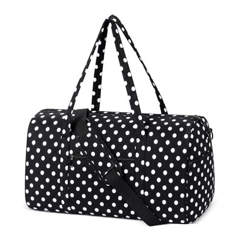 Gym Bag for Women, Cute Duffle Bag, Quilted Duffle Bag for Travel, Floral Duffle Bags, Weekend Bag with Zipper Pocket Dance Bag Organizer - color: A-Polka Dots-Black
