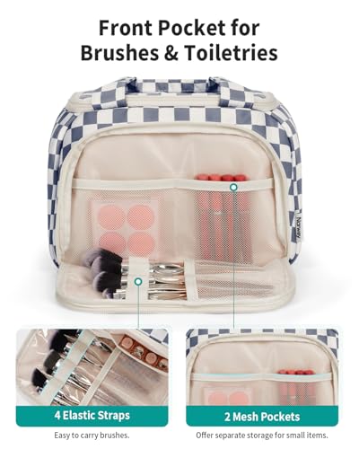 Narwey Checkered Travel Toiletry Bag for Women Large Makeup Bag, Wide-open Cosmetic Make Up Organizer with Handle, Travel Bag for Toiletries, Essentials, Accessories (Greyish Blue Checkerboard) - color: Greyish Blue Checkerboard