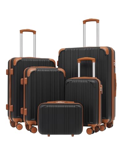 Coolife Luggage Sets, 5 Piece Durable Suitcase, Lightweight Carry on Luggage with ABS Hardshell, Dual Spinner Wheels, TSA Lock and YKK Zipper(apricot black, 5 piece set) - color: apricot black, size: 5 piece set