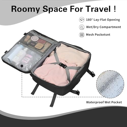 Carry On Backpack for Women & Men – Airline Approved Underseat Size, 15.6" Laptop Compartment, TSA-Friendly 180° Opening, Anti-Theft Business Travel Backpack with Trolley Sleeve (Black, Medium) - color: Black, size: Medium