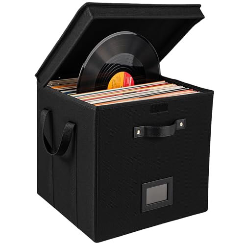 Vinyl Record Storage Box, 13 Inch Linen Fabric Organizer with Lid, Collapsible Cube Crate Bin Holds 120+ LP Albums, Record Album Storage for 12 Inch Vinyl Records