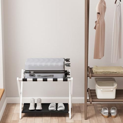 Smuxee White Bamboo Luggage Rack for Guest Room, Foldable Suitcase Stand with Storage Shelf, Easily Assembled Luggage Stand with 5 Nylon Straps for Guest Room Bedroom Hotel - color: White 1PCS