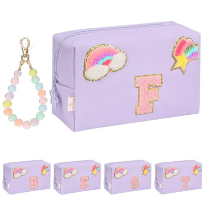 Initial Makeup Bag for Girls, Cute Makeup Bag Small Cosmetic Bag Travel Make Up Organizer Pouch, Birthday Gifts for Girls 4 5 6 7 8 9 10 11 12 13 14 15 Years Old, Teen Girls Gifts Trendy Stuff - color: Purple + Bracelet, style: F