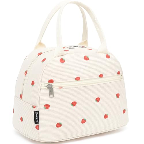 FlowFly Insulated Lunch Bag for Women – Corduroy Lunch Tote Box, Cute Cooler Bag for Work, Travel, Picnic, Corduroy Strawberries Beige - color: Corduroy Strawberries Beige