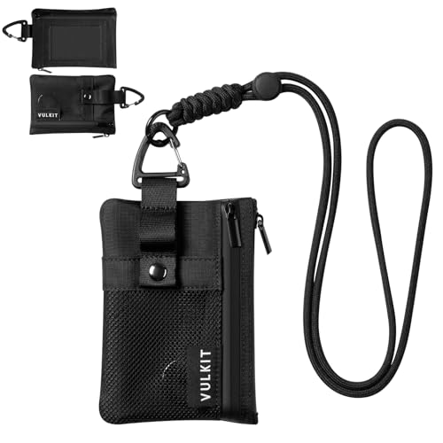 VULKIT Small Minimalist Wallet for Women and Men RFID Blocking, Zipper Coin Pouch with ID Window and Keychain, Water Resistant Travel Lanyard Wallet Black - color: Black