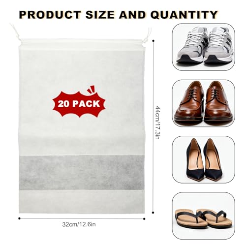 20 Pack Shoe Bags for Travel, 17" x 12.6" Drawstring Shoe Organizers with Clear Window, Breathable Non-Woven Dustproof Pouches for Luggage & Closet (White) - color: White
