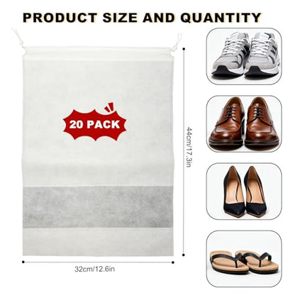 20 Pack Shoe Bags for Travel, 17" x 12.6" Drawstring Shoe Organizers with Clear Window, Breathable Non-Woven Dustproof Pouches for Luggage & Closet (White) - color: White