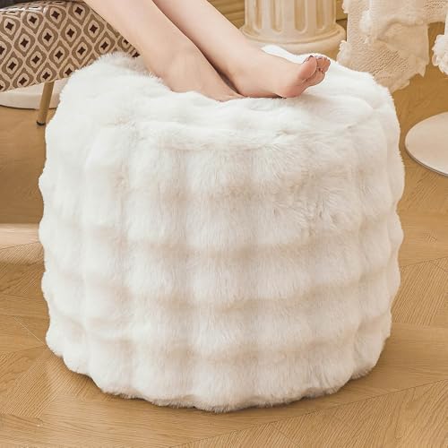 LIFEREVO Faux Rabbit Fur Round Inflatable Pouf Ottoman, 20 X 16 Waffle Bubble Fluffy Fuzzy Floor Poufs Foot Rest for Adults Kids Girls, Furry Pouf Chair Foot Stool Couch Home Decor, Anti-Slip, Beige - color: Beige
