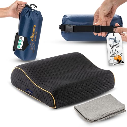 alkamto Travel & Camping Comfortable Memory Foam Pillow – Easy to Carry Portable Bag – Temperature Regulating Pillow Case (Black Contour + Extra Cover) - size: Black Contour Travel + Extra Cover