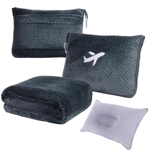 3 in 1 Travel Blanket Pillow Set - 350 GSM Thick Travel Blanket Airplane Compact with Bag, Soft Bag with a Pocket, Inflatable Travel Pillow for Camping & Car Trip (Dark Grey) - color: Dark Grey